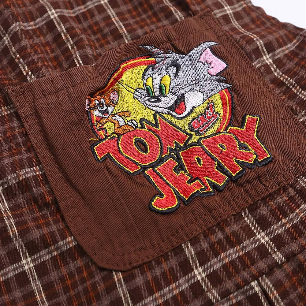 Plaid Casual Suspenders Pants Men's Fun Cartoon Jerry and Tom Cat Cute Embroidery Workwear Straight Leg Long Trousers Trendy