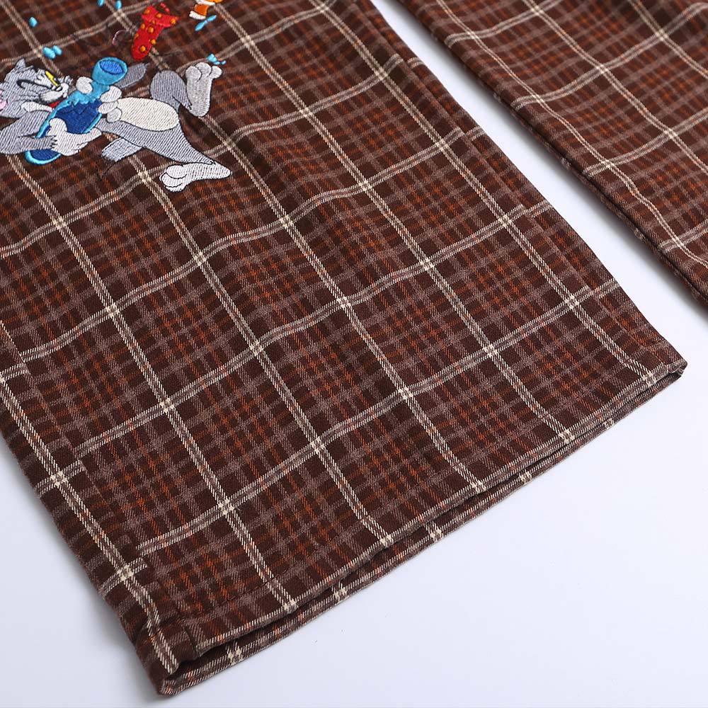 Plaid Casual Suspenders Pants Men's Fun Cartoon Jerry and Tom Cat Cute Embroidery Workwear Straight Leg Long Trousers Trendy