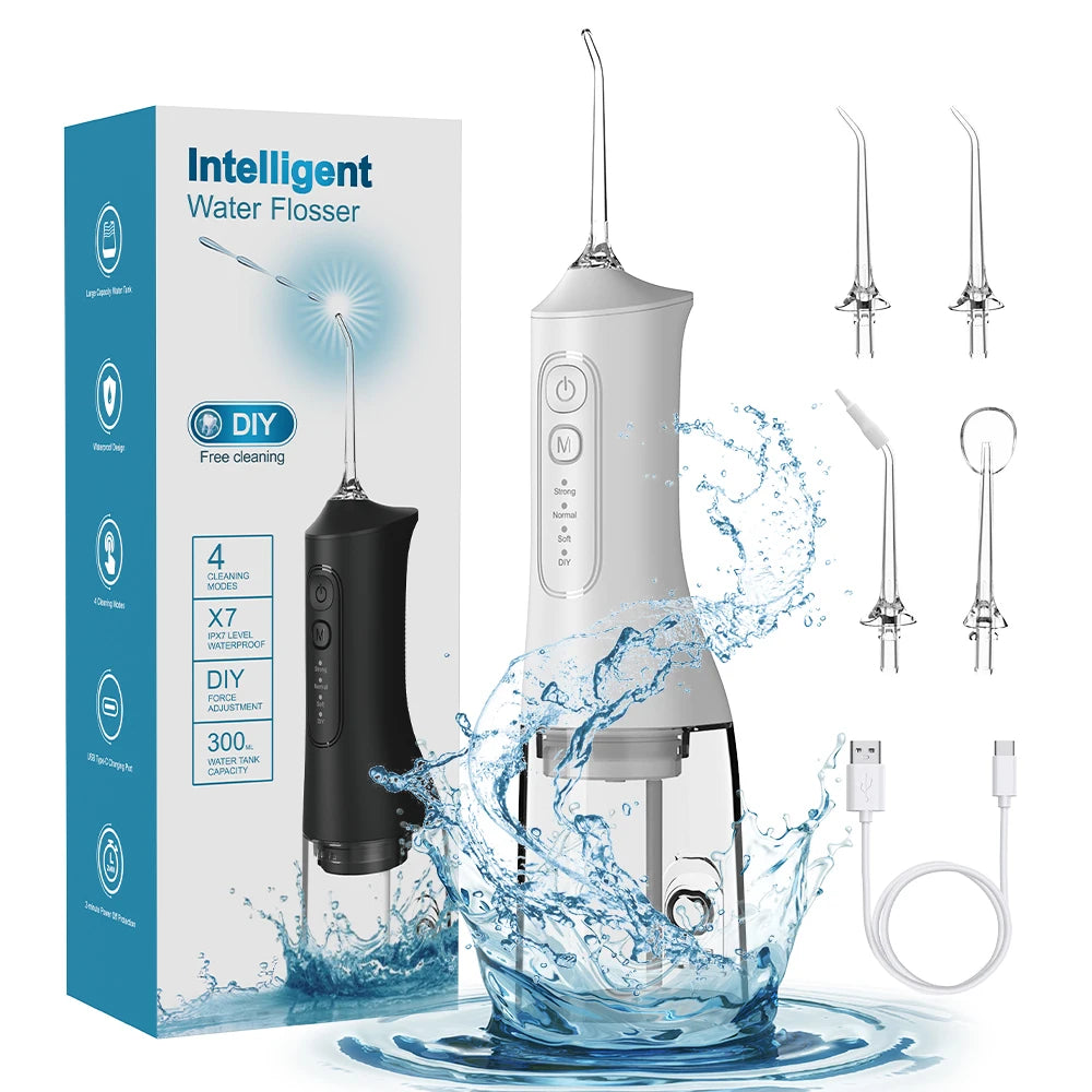 USB charging portable water flosser with four modes, 300ML water tank waterproof oral cleaner