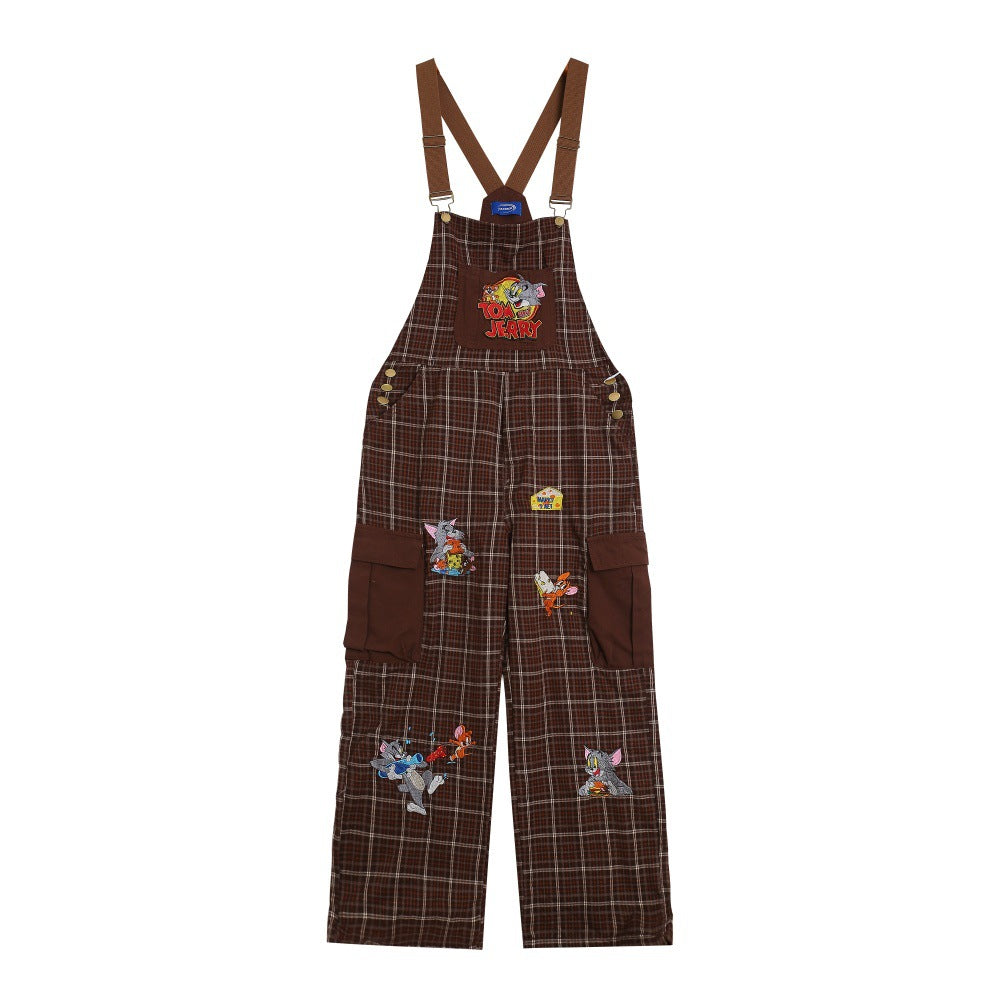 Plaid Casual Suspenders Pants Men's Fun Cartoon Jerry and Tom Cat Cute Embroidery Workwear Straight Leg Long Trousers Trendy