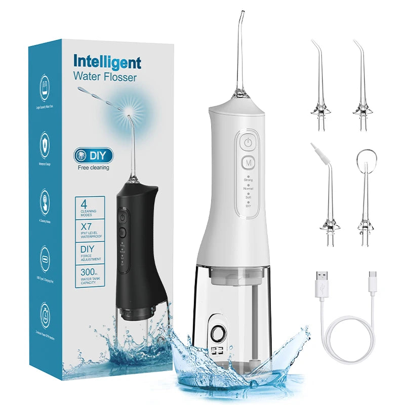 USB charging portable water flosser with four modes, 300ML water tank waterproof oral cleaner