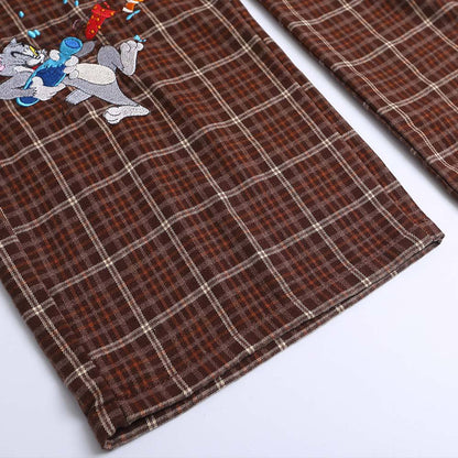 Plaid Casual Suspenders Pants Men's Fun Cartoon Jerry and Tom Cat Cute Embroidery Workwear Straight Leg Long Trousers Trendy