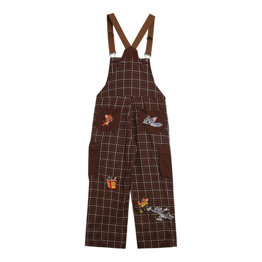 Plaid Casual Suspenders Pants Men's Fun Cartoon Jerry and Tom Cat Cute Embroidery Workwear Straight Leg Long Trousers Trendy